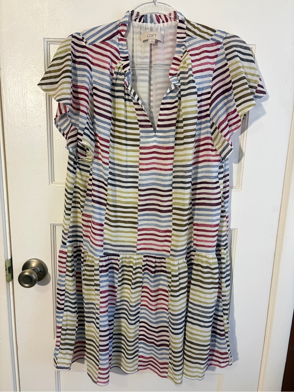 LOFT Striped Short Sleeve Tiered Dress - Cream, Gray, Blush